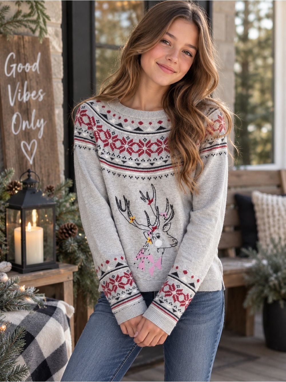 Orchestra Girls Nordic Reindeer Sweater Grey Red Wool Blend | 12Y / 152 cm